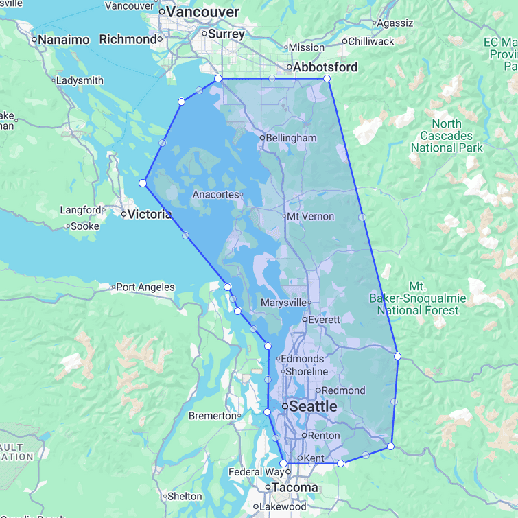 Service area map for Tandoori Bites that includes Bellingham, Seattle, Everett, Marysville, Burlington, Mt. Vernon, and Tacoma